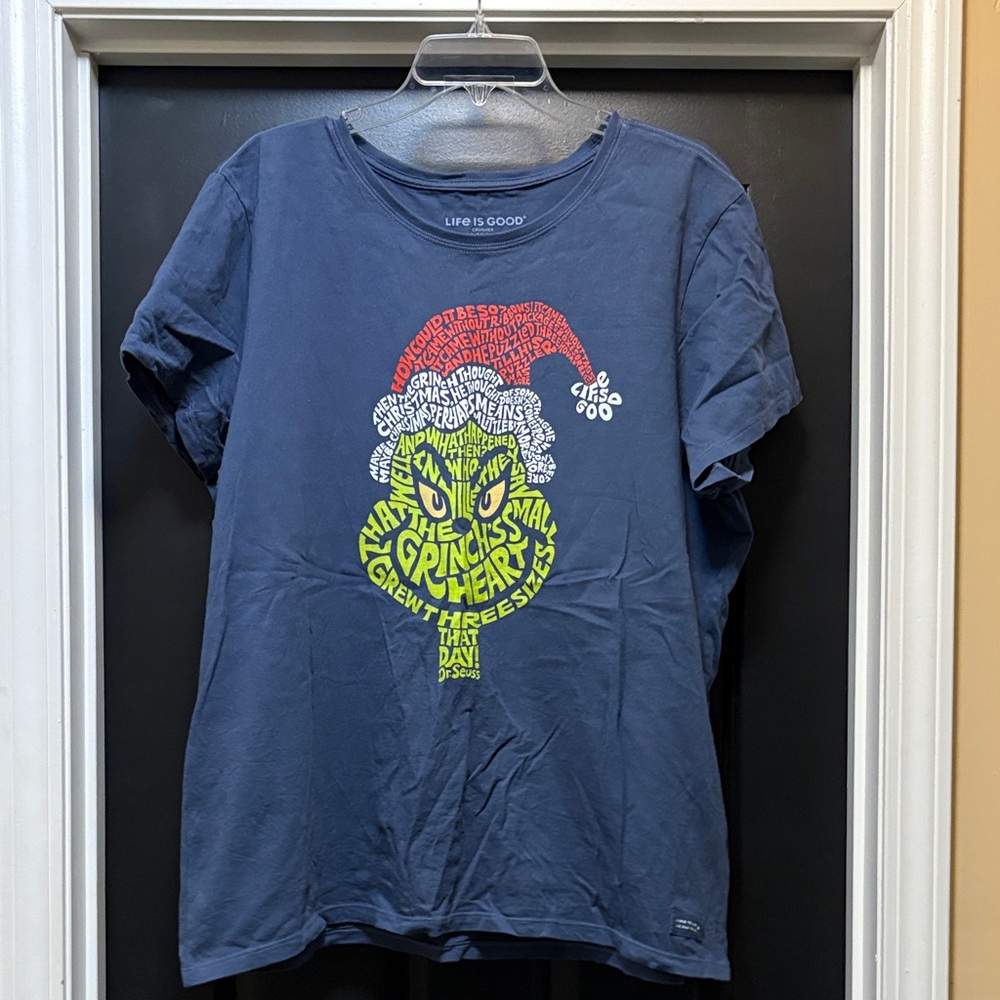 Life Is Good Navy Grinch Tee with Red and Green Accents unisex XXL
